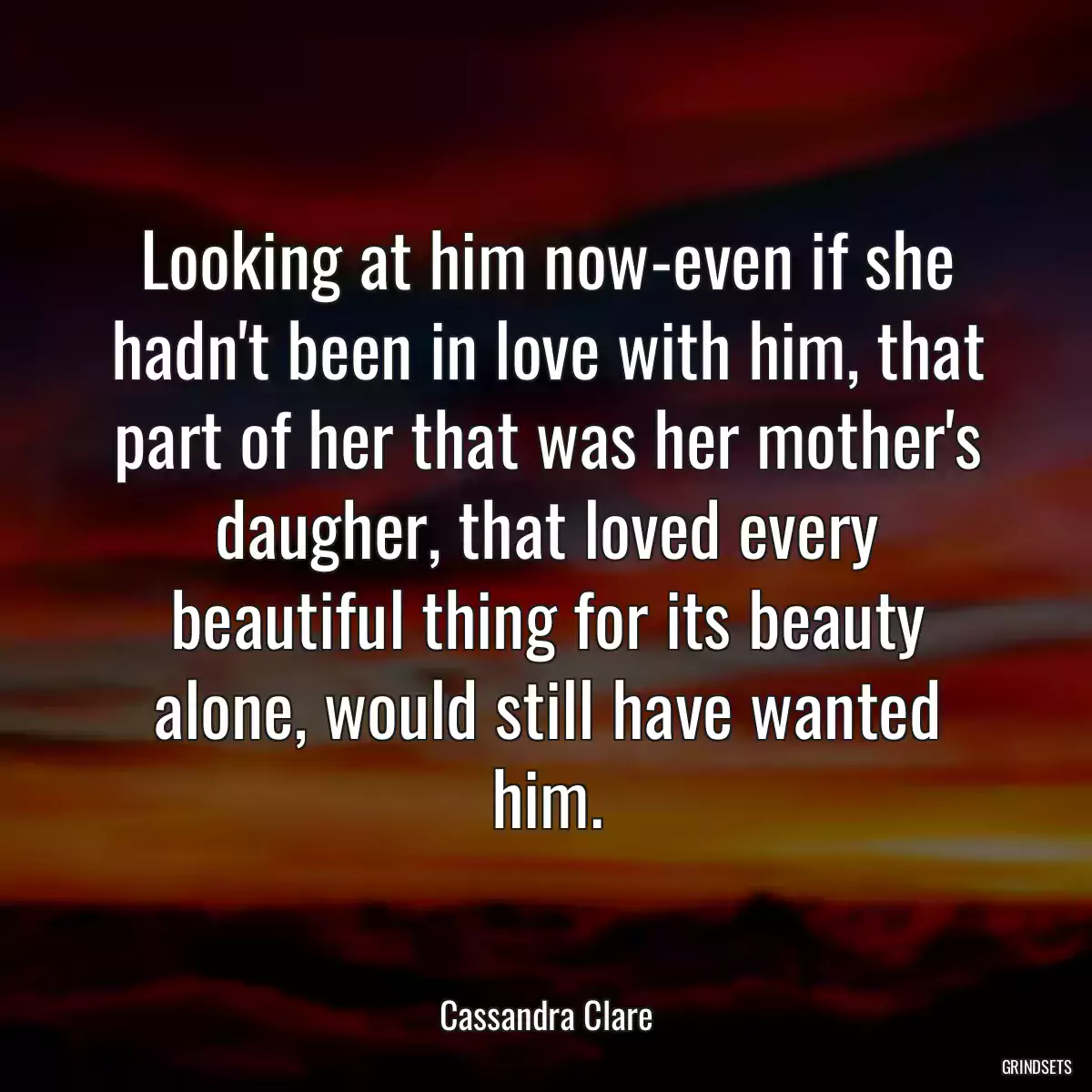 Looking at him now-even if she hadn\'t been in love with him, that part of her that was her mother\'s daugher, that loved every beautiful thing for its beauty alone, would still have wanted him.