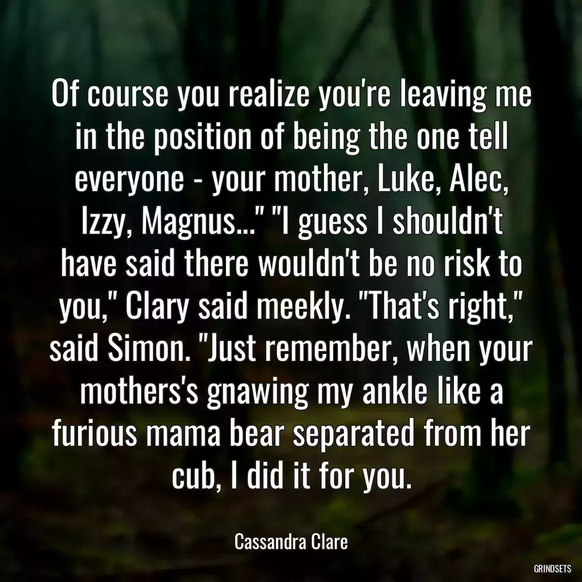 Of course you realize you\'re leaving me in the position of being the one tell everyone - your mother, Luke, Alec, Izzy, Magnus...\