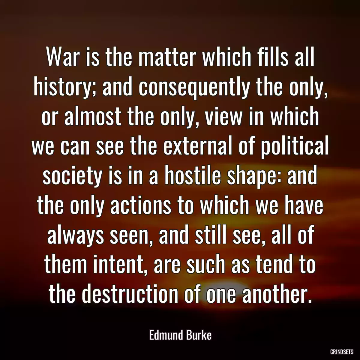 War is the matter which fills all history; and consequently the only, or almost the only, view in which we can see the external of political society is in a hostile shape: and the only actions to which we have always seen, and still see, all of them intent, are such as tend to the destruction of one another.