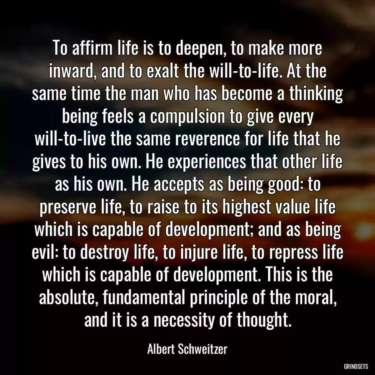To affirm life is to deepen, to make more inward, and to exalt the will-to-life. At the same time the man who has become a thinking being feels a compulsion to give every will-to-live the same reverence for life that he gives to his own. He experiences that other life as his own. He accepts as being good: to preserve life, to raise to its highest value life which is capable of development; and as being evil: to destroy life, to injure life, to repress life which is capable of development. This is the absolute, fundamental principle of the moral, and it is a necessity of thought.