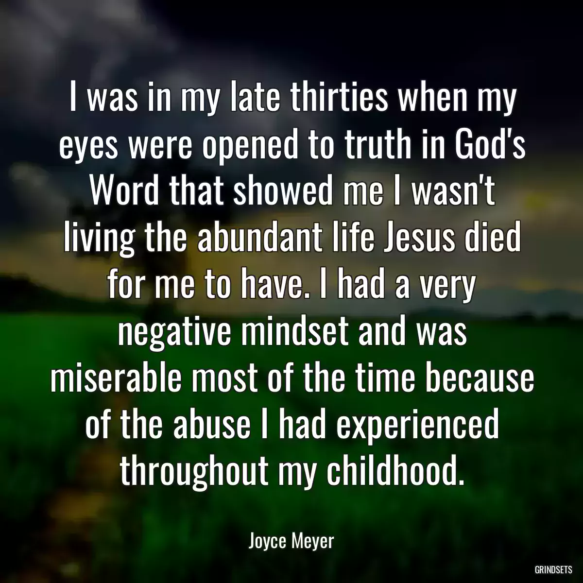 I was in my late thirties when my eyes were opened to truth in God\'s Word that showed me I wasn\'t living the abundant life Jesus died for me to have. I had a very negative mindset and was miserable most of the time because of the abuse I had experienced throughout my childhood.