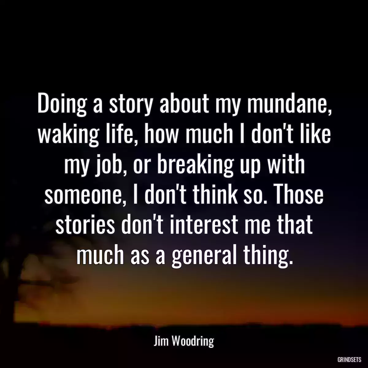 Doing a story about my mundane, waking life, how much I don\'t like my job, or breaking up with someone, I don\'t think so. Those stories don\'t interest me that much as a general thing.