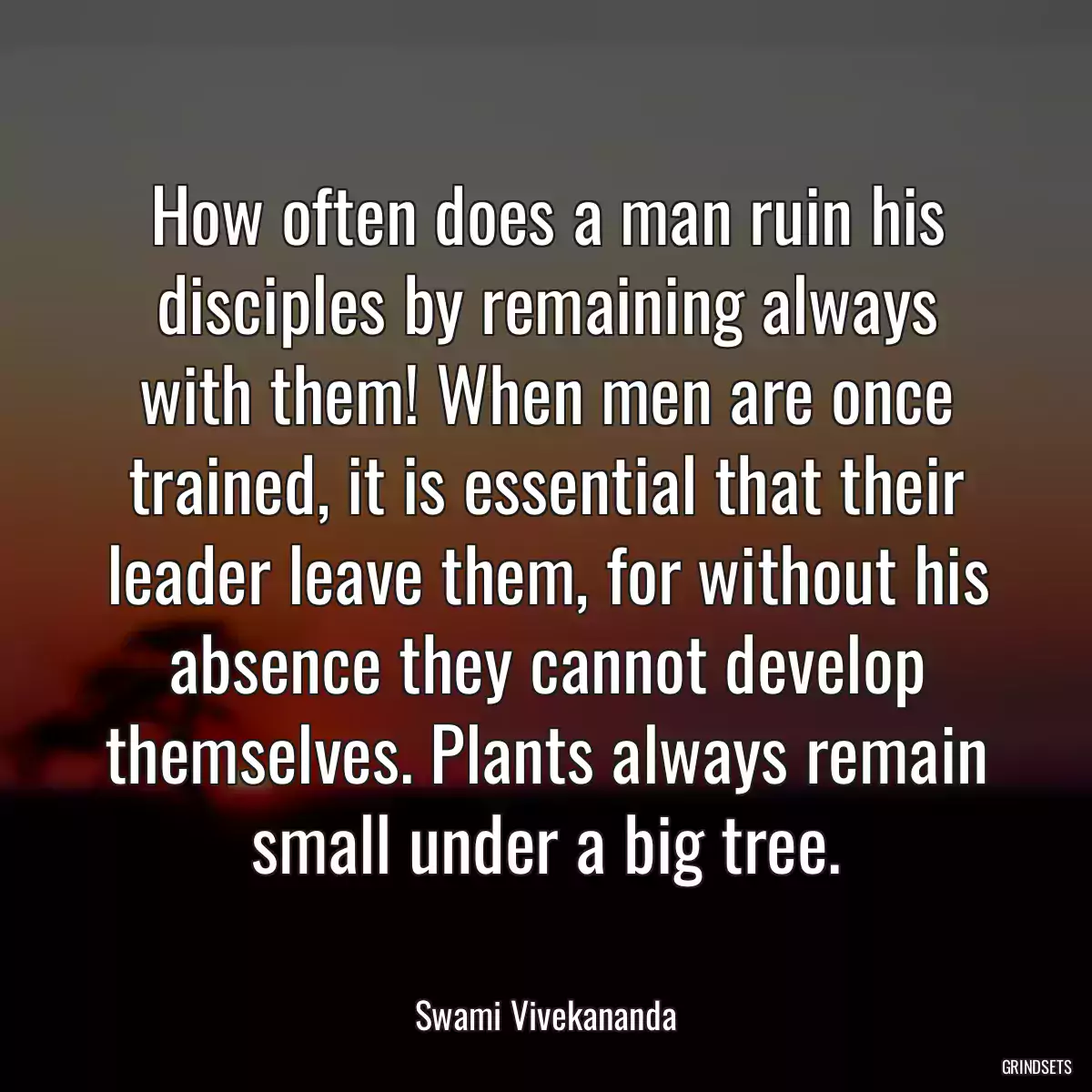 How often does a man ruin his disciples by remaining always with them! When men are once trained, it is essential that their leader leave them, for without his absence they cannot develop themselves. Plants always remain small under a big tree.