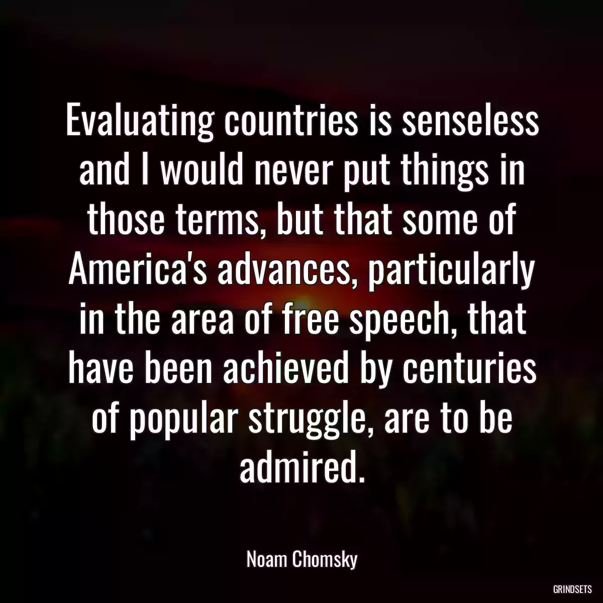 Evaluating countries is senseless and I would never put things in those terms, but that some of America\'s advances, particularly in the area of free speech, that have been achieved by centuries of popular struggle, are to be admired.