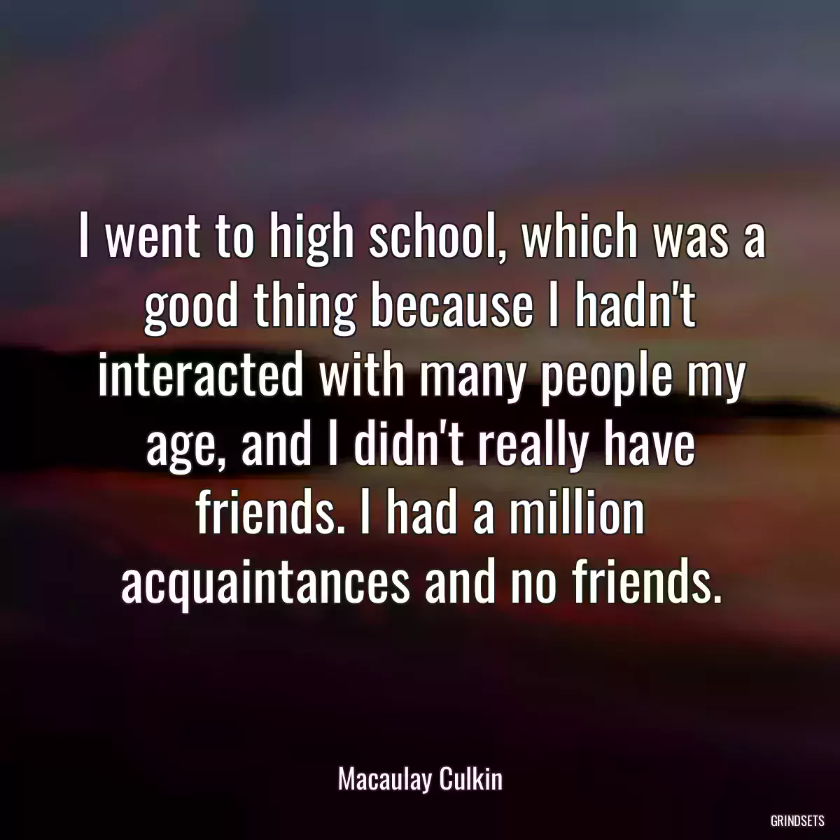 I went to high school, which was a good thing because I hadn\'t interacted with many people my age, and I didn\'t really have friends. I had a million acquaintances and no friends.