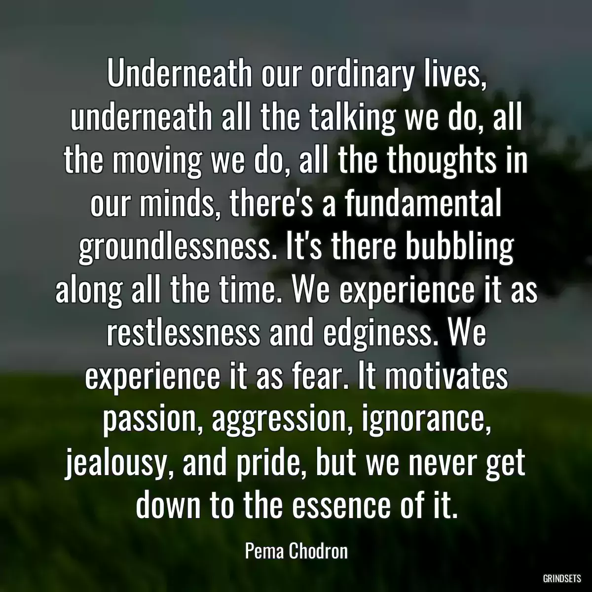 Underneath our ordinary lives, underneath all the talking we do, all the moving we do, all the thoughts in our minds, there\'s a fundamental groundlessness. It\'s there bubbling along all the time. We experience it as restlessness and edginess. We experience it as fear. It motivates passion, aggression, ignorance, jealousy, and pride, but we never get down to the essence of it.