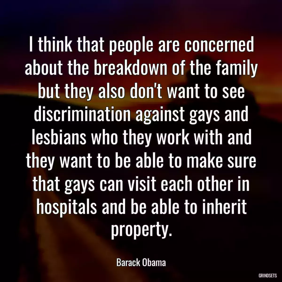 I think that people are concerned about the breakdown of the family but they also don\'t want to see discrimination against gays and lesbians who they work with and they want to be able to make sure that gays can visit each other in hospitals and be able to inherit property.