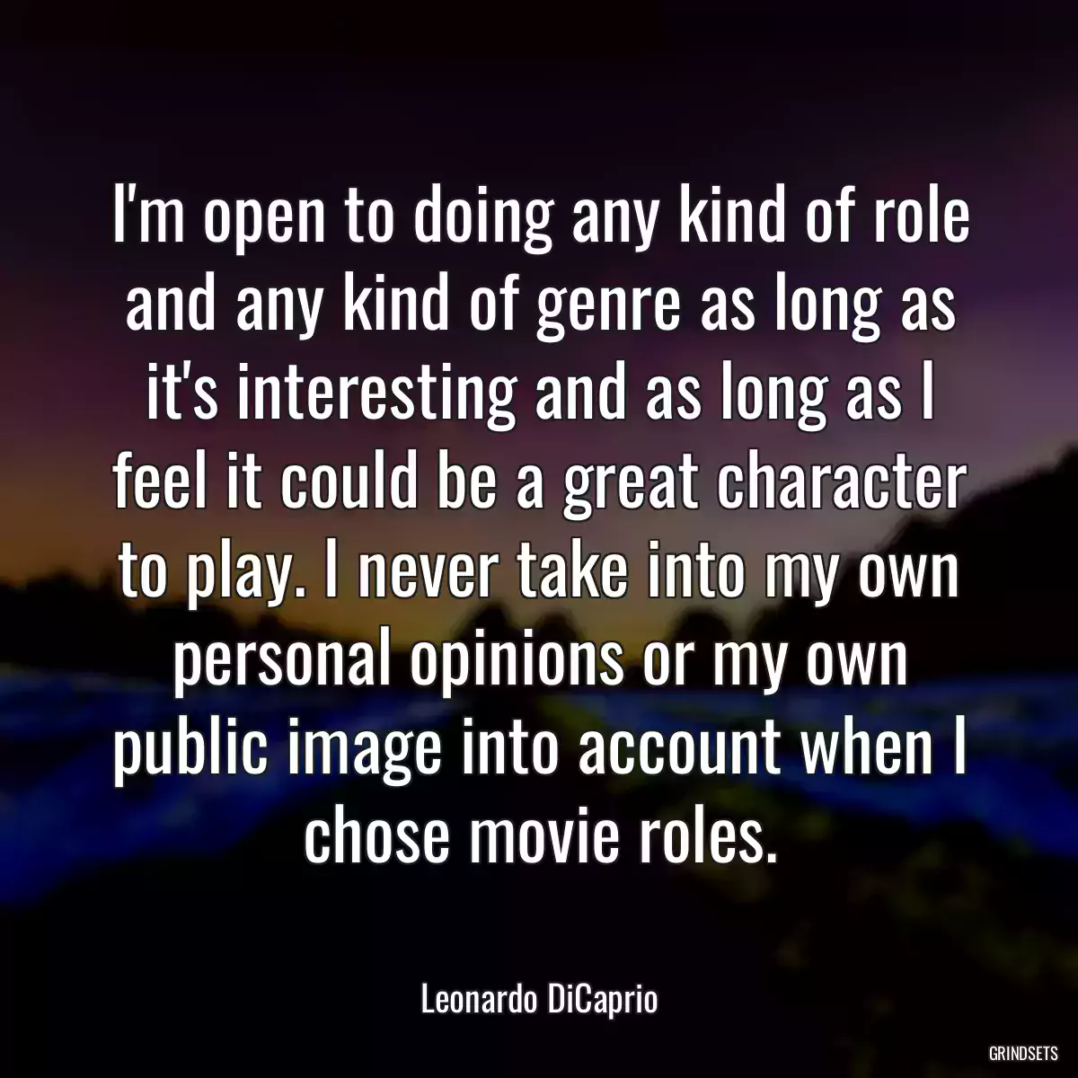 I\'m open to doing any kind of role and any kind of genre as long as it\'s interesting and as long as I feel it could be a great character to play. I never take into my own personal opinions or my own public image into account when I chose movie roles.