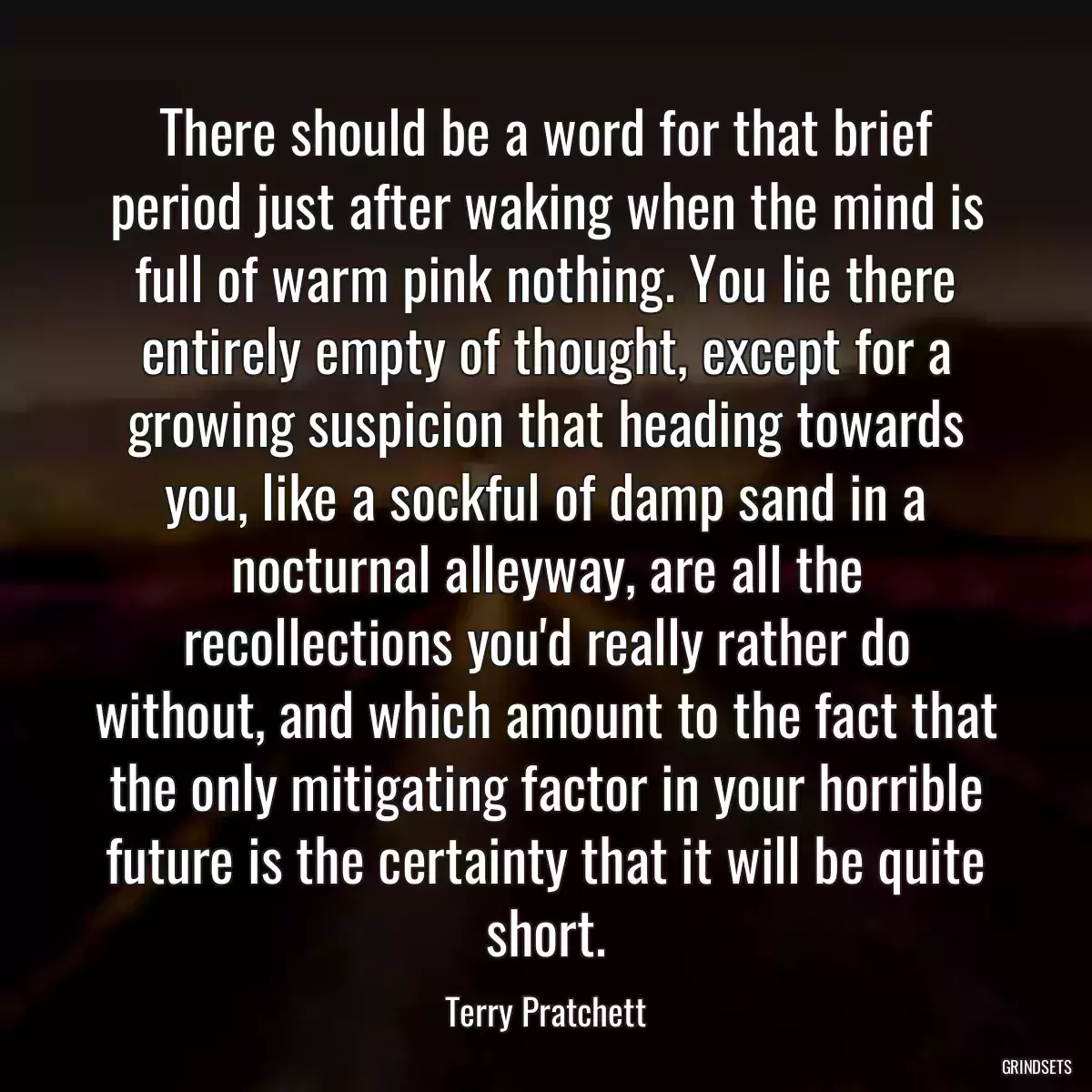 There should be a word for that brief period just after waking when the mind is full of warm pink nothing. You lie there entirely empty of thought, except for a growing suspicion that heading towards you, like a sockful of damp sand in a nocturnal alleyway, are all the recollections you\'d really rather do without, and which amount to the fact that the only mitigating factor in your horrible future is the certainty that it will be quite short.