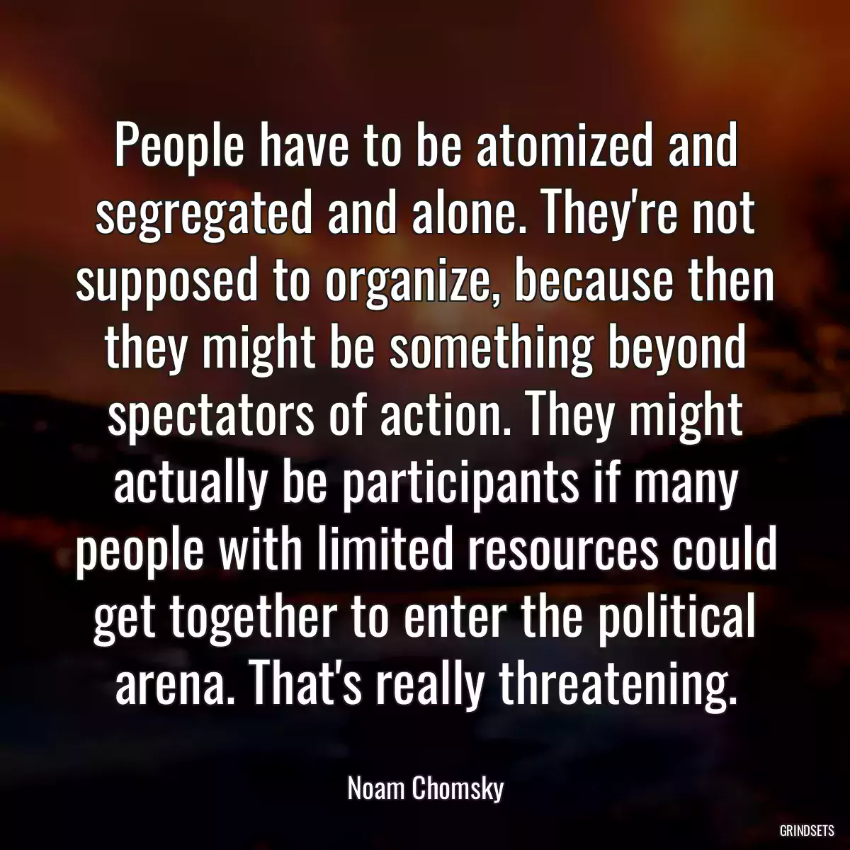 People have to be atomized and segregated and alone. They\'re not supposed to organize, because then they might be something beyond spectators of action. They might actually be participants if many people with limited resources could get together to enter the political arena. That\'s really threatening.