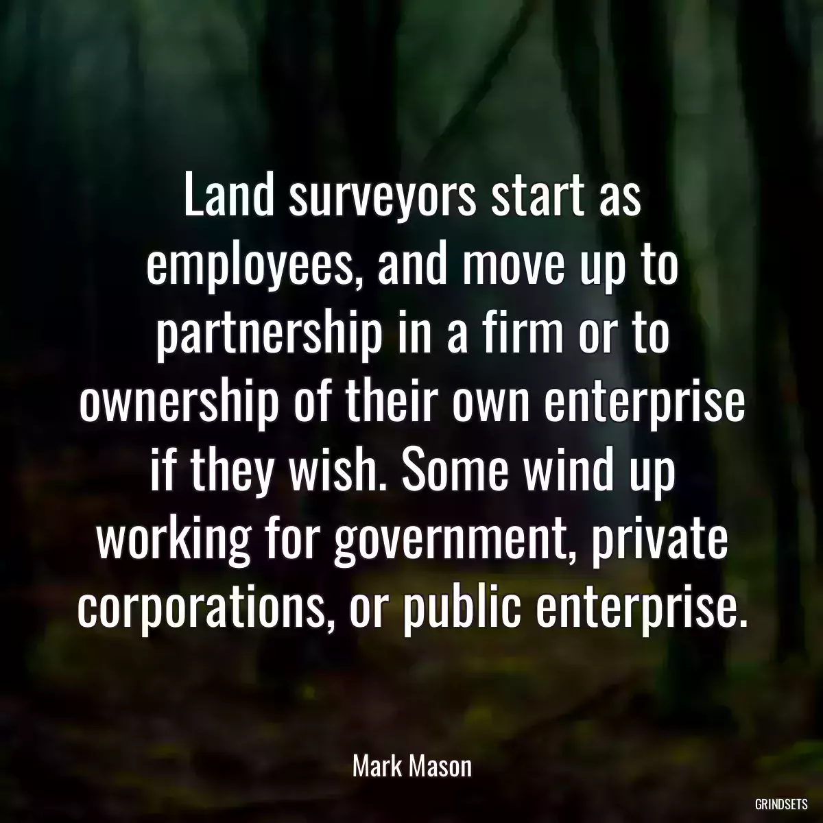 Land surveyors start as employees, and move up to partnership in a firm or to ownership of their own enterprise if they wish. Some wind up working for government, private corporations, or public enterprise.