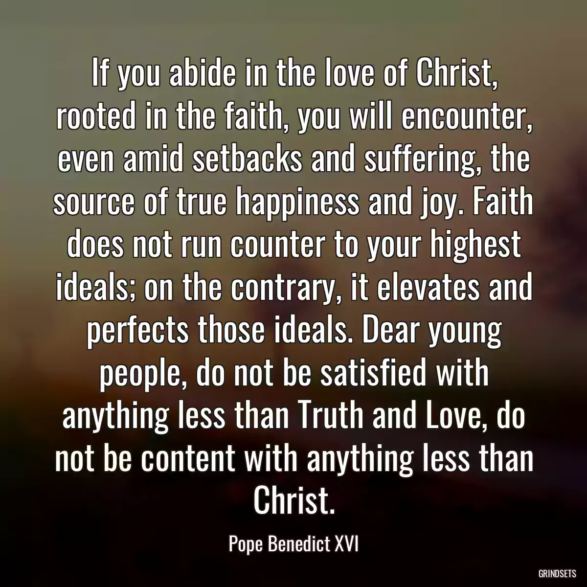 If you abide in the love of Christ, rooted in the faith, you will encounter, even amid setbacks and suffering, the source of true happiness and joy. Faith does not run counter to your highest ideals; on the contrary, it elevates and perfects those ideals. Dear young people, do not be satisfied with anything less than Truth and Love, do not be content with anything less than Christ.