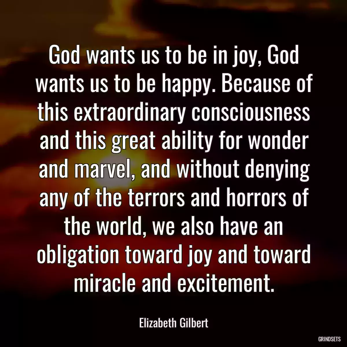 God wants us to be in joy, God wants us to be happy. Because of this extraordinary consciousness and this great ability for wonder and marvel, and without denying any of the terrors and horrors of the world, we also have an obligation toward joy and toward miracle and excitement.