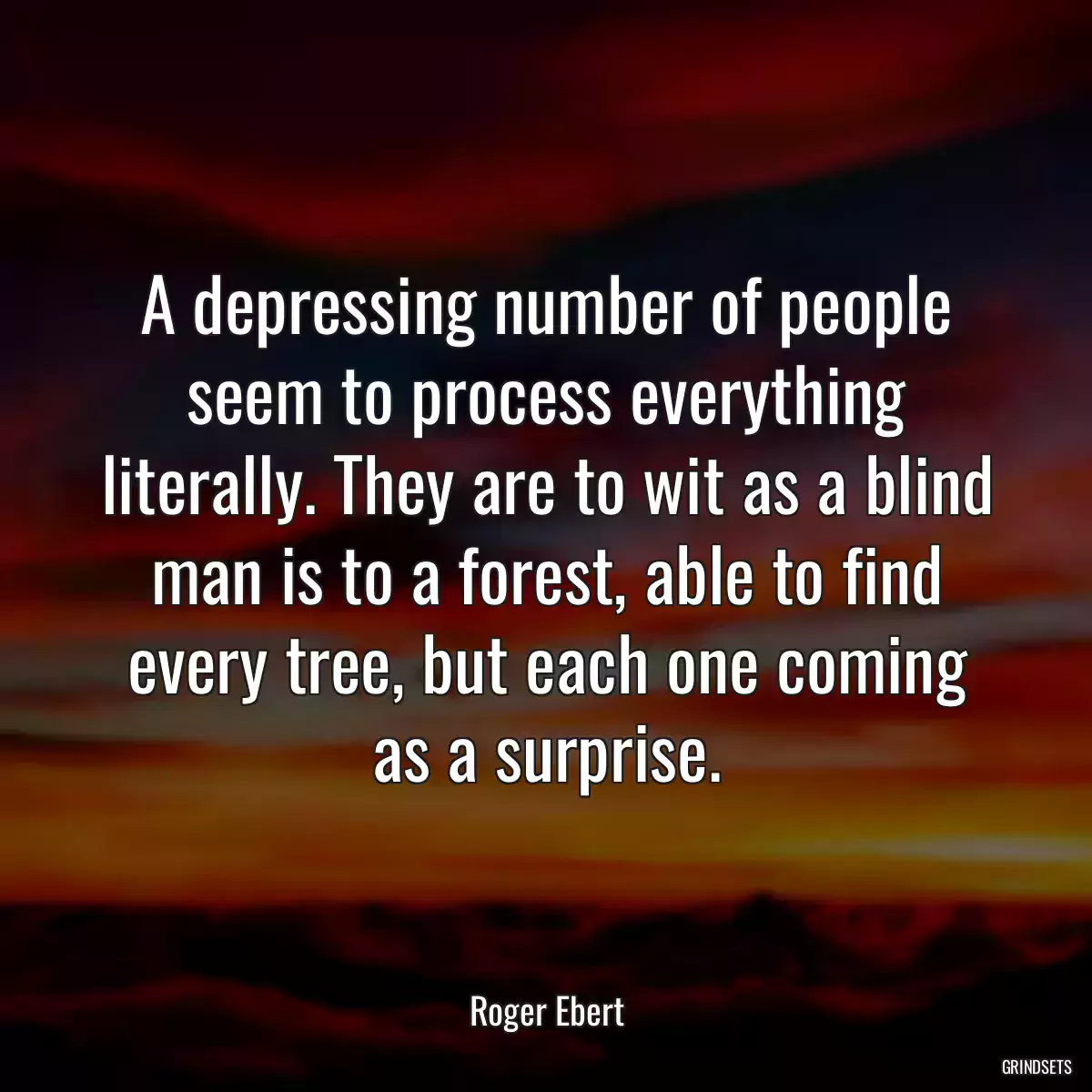 A depressing number of people seem to process everything literally. They are to wit as a blind man is to a forest, able to find every tree, but each one coming as a surprise.