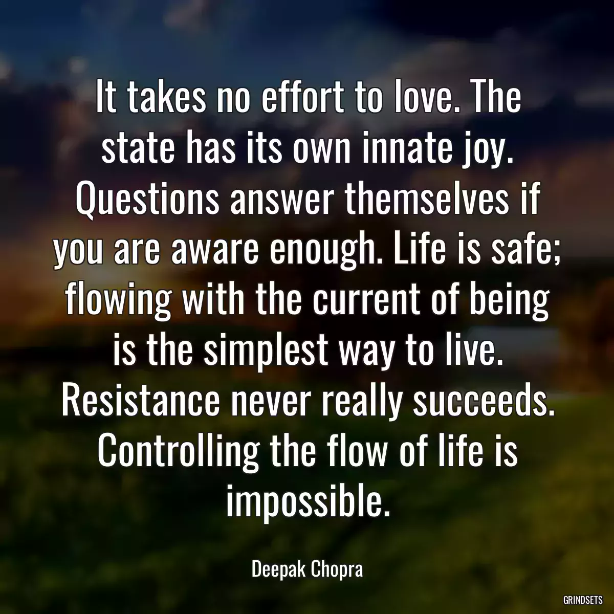 It takes no effort to love. The state has its own innate joy. Questions answer themselves if you are aware enough. Life is safe; flowing with the current of being is the simplest way to live. Resistance never really succeeds. Controlling the flow of life is impossible.