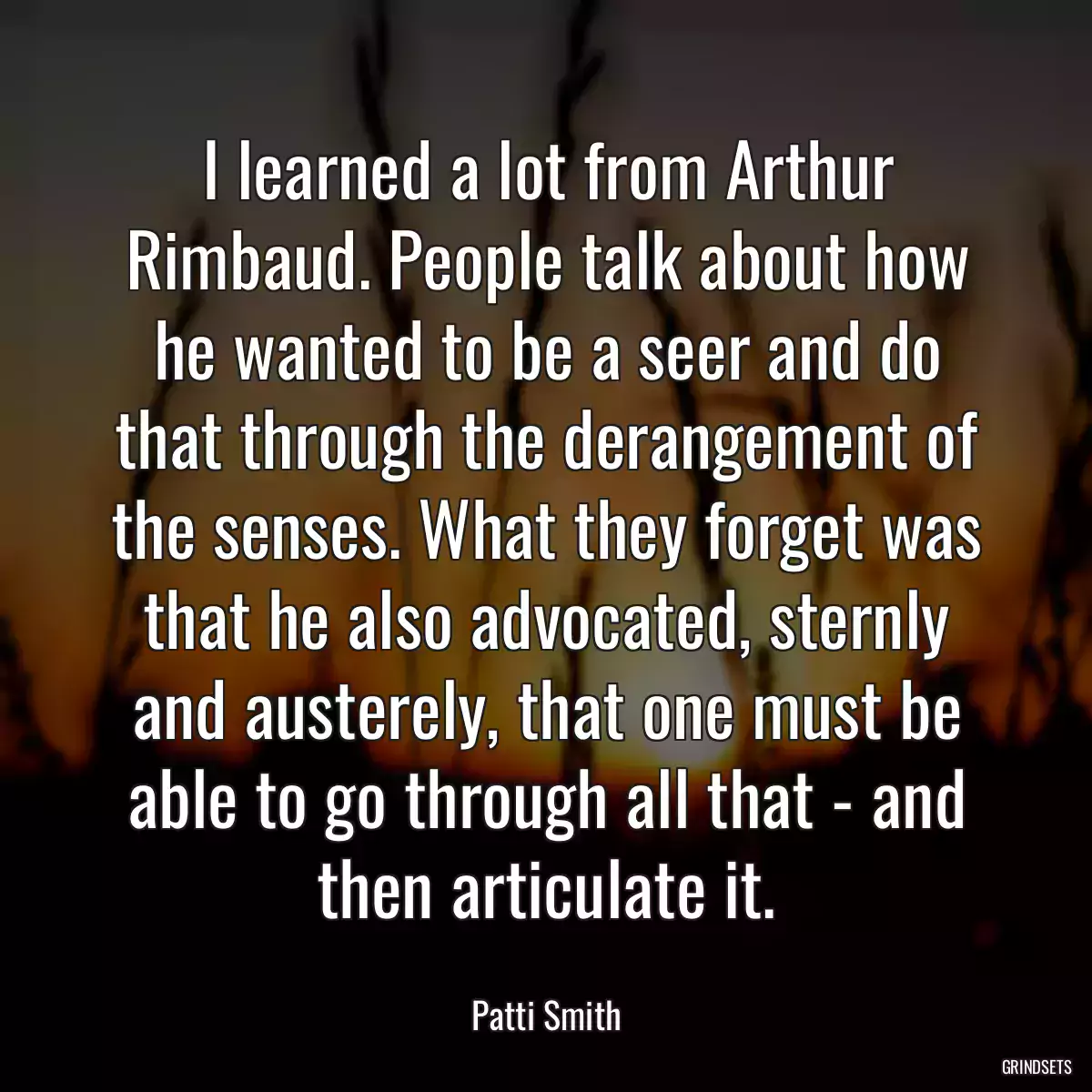 I learned a lot from Arthur Rimbaud. People talk about how he wanted to be a seer and do that through the derangement of the senses. What they forget was that he also advocated, sternly and austerely, that one must be able to go through all that - and then articulate it.