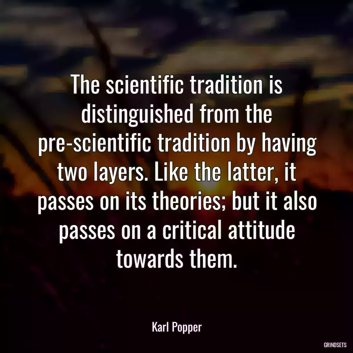 The scientific tradition is distinguished from the pre-scientific tradition by having two layers. Like the latter, it passes on its theories; but it also passes on a critical attitude towards them.