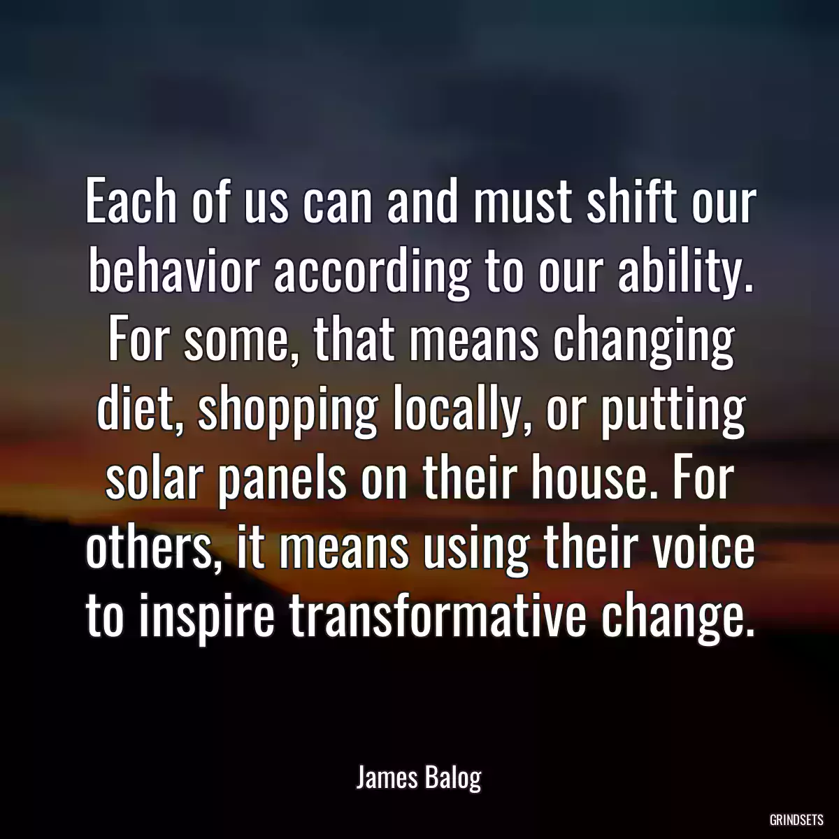 Each of us can and must shift our behavior according to our ability. For some, that means changing diet, shopping locally, or putting solar panels on their house. For others, it means using their voice to inspire transformative change.