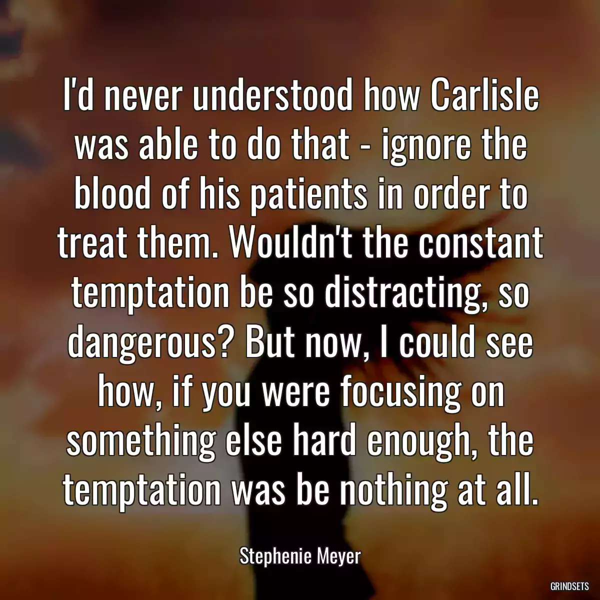 I\'d never understood how Carlisle was able to do that - ignore the blood of his patients in order to treat them. Wouldn\'t the constant temptation be so distracting, so dangerous? But now, I could see how, if you were focusing on something else hard enough, the temptation was be nothing at all.