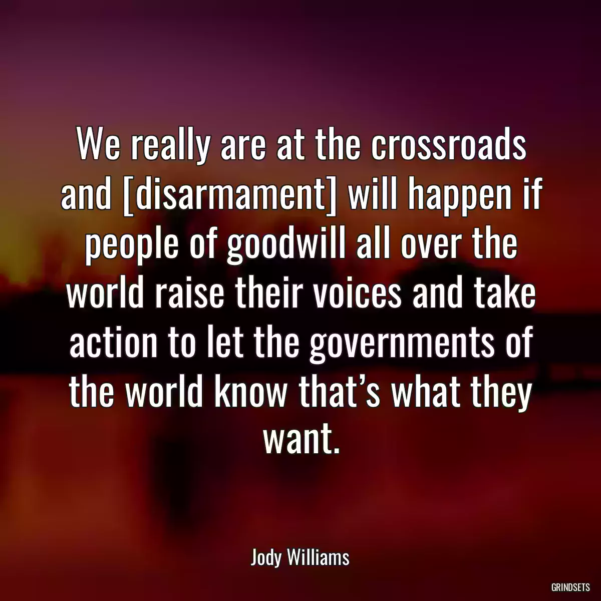 We really are at the crossroads and [disarmament] will happen if people of goodwill all over the world raise their voices and take action to let the governments of the world know that’s what they want.