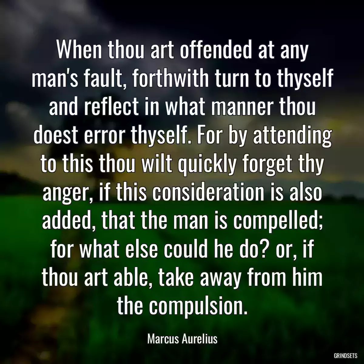 When thou art offended at any man\'s fault, forthwith turn to thyself and reflect in what manner thou doest error thyself. For by attending to this thou wilt quickly forget thy anger, if this consideration is also added, that the man is compelled; for what else could he do? or, if thou art able, take away from him the compulsion.