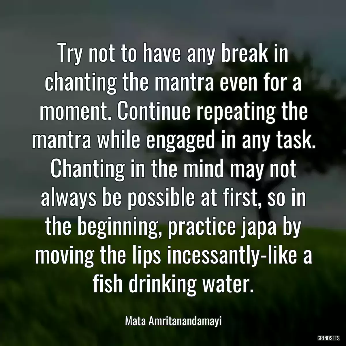 Try not to have any break in chanting the mantra even for a moment. Continue repeating the mantra while engaged in any task. Chanting in the mind may not always be possible at first, so in the beginning, practice japa by moving the lips incessantly-like a fish drinking water.