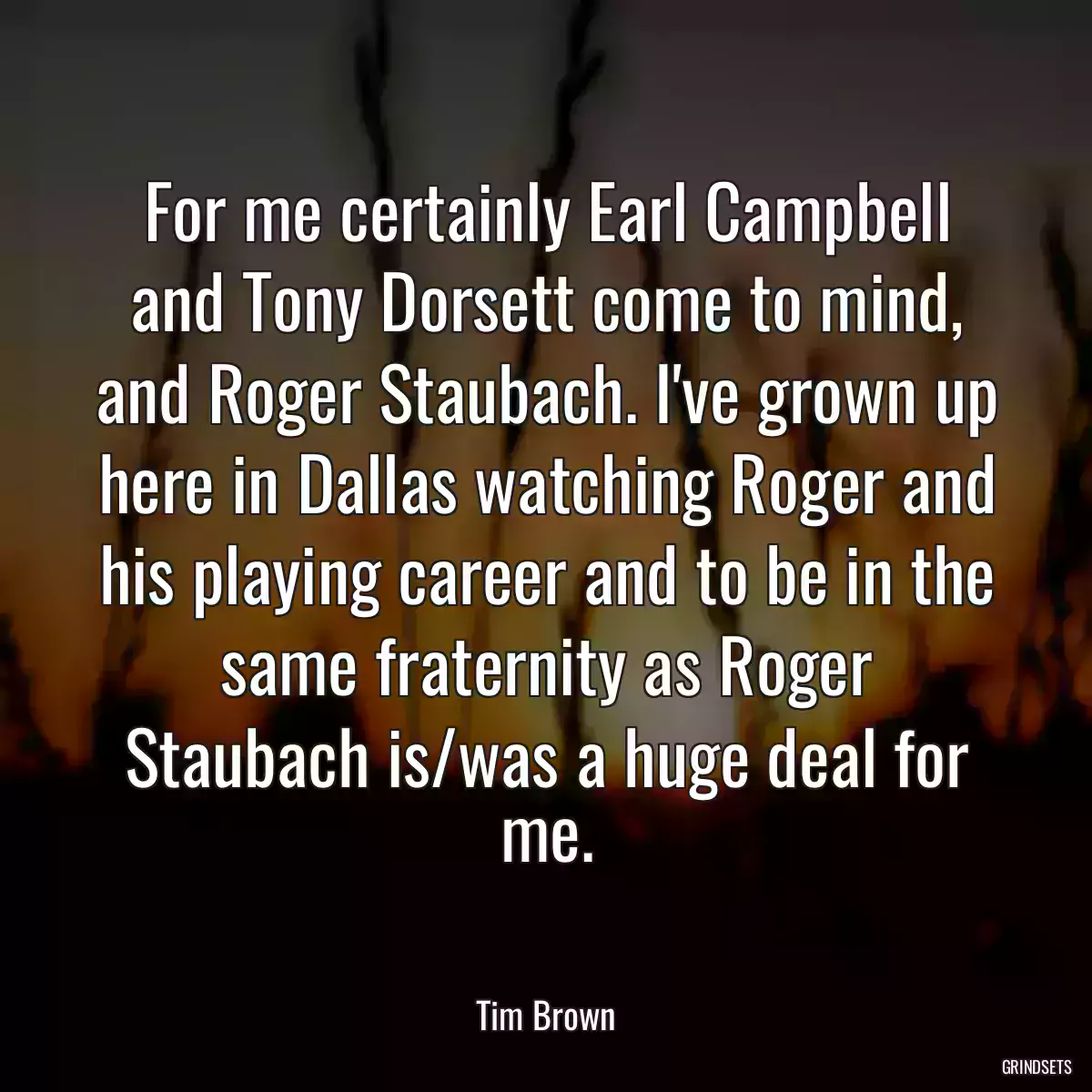 For me certainly Earl Campbell and Tony Dorsett come to mind, and Roger Staubach. I\'ve grown up here in Dallas watching Roger and his playing career and to be in the same fraternity as Roger Staubach is/was a huge deal for me.