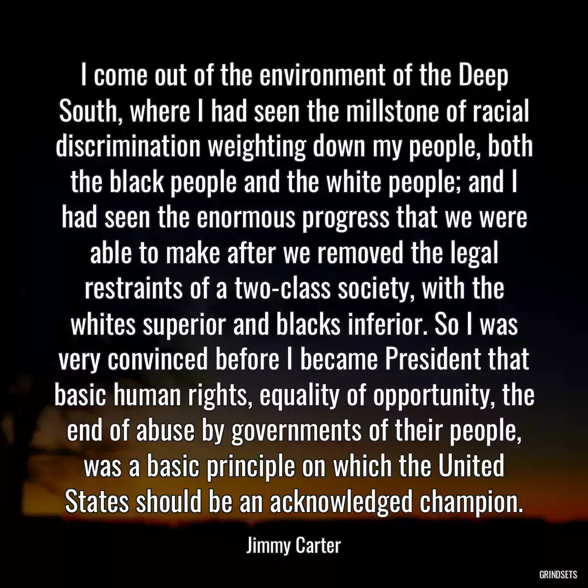 I come out of the environment of the Deep South, where I had seen the millstone of racial discrimination weighting down my people, both the black people and the white people; and I had seen the enormous progress that we were able to make after we removed the legal restraints of a two-class society, with the whites superior and blacks inferior. So I was very convinced before I became President that basic human rights, equality of opportunity, the end of abuse by governments of their people, was a basic principle on which the United States should be an acknowledged champion.