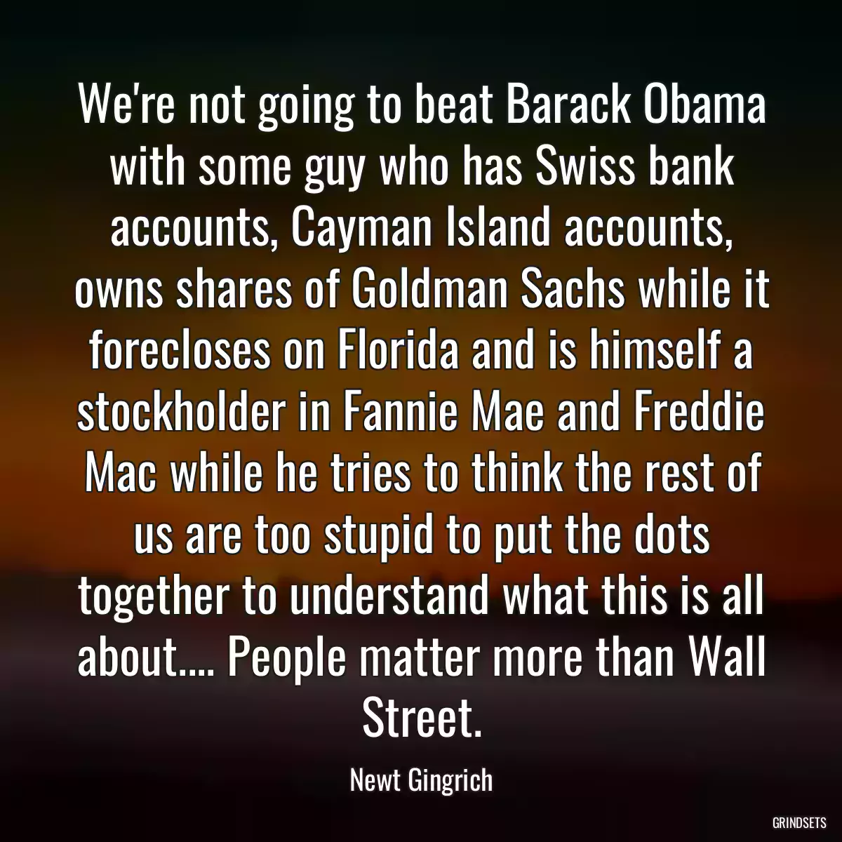 We\'re not going to beat Barack Obama with some guy who has Swiss bank accounts, Cayman Island accounts, owns shares of Goldman Sachs while it forecloses on Florida and is himself a stockholder in Fannie Mae and Freddie Mac while he tries to think the rest of us are too stupid to put the dots together to understand what this is all about.... People matter more than Wall Street.