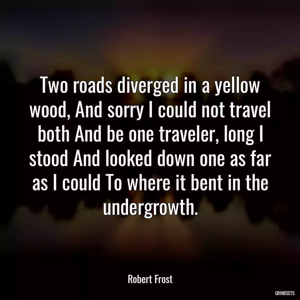 Two roads diverged in a yellow wood, And sorry I could not travel both And be one traveler, long I stood And looked down one as far as I could To where it bent in the undergrowth.