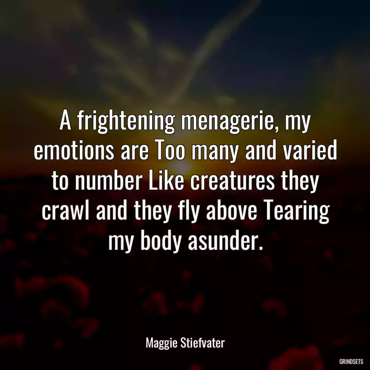 A frightening menagerie, my emotions are Too many and varied to number Like creatures they crawl and they fly above Tearing my body asunder.