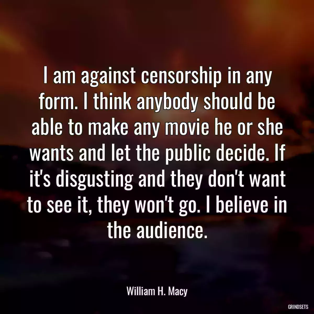 I am against censorship in any form. I think anybody should be able to make any movie he or she wants and let the public decide. If it\'s disgusting and they don\'t want to see it, they won\'t go. I believe in the audience.