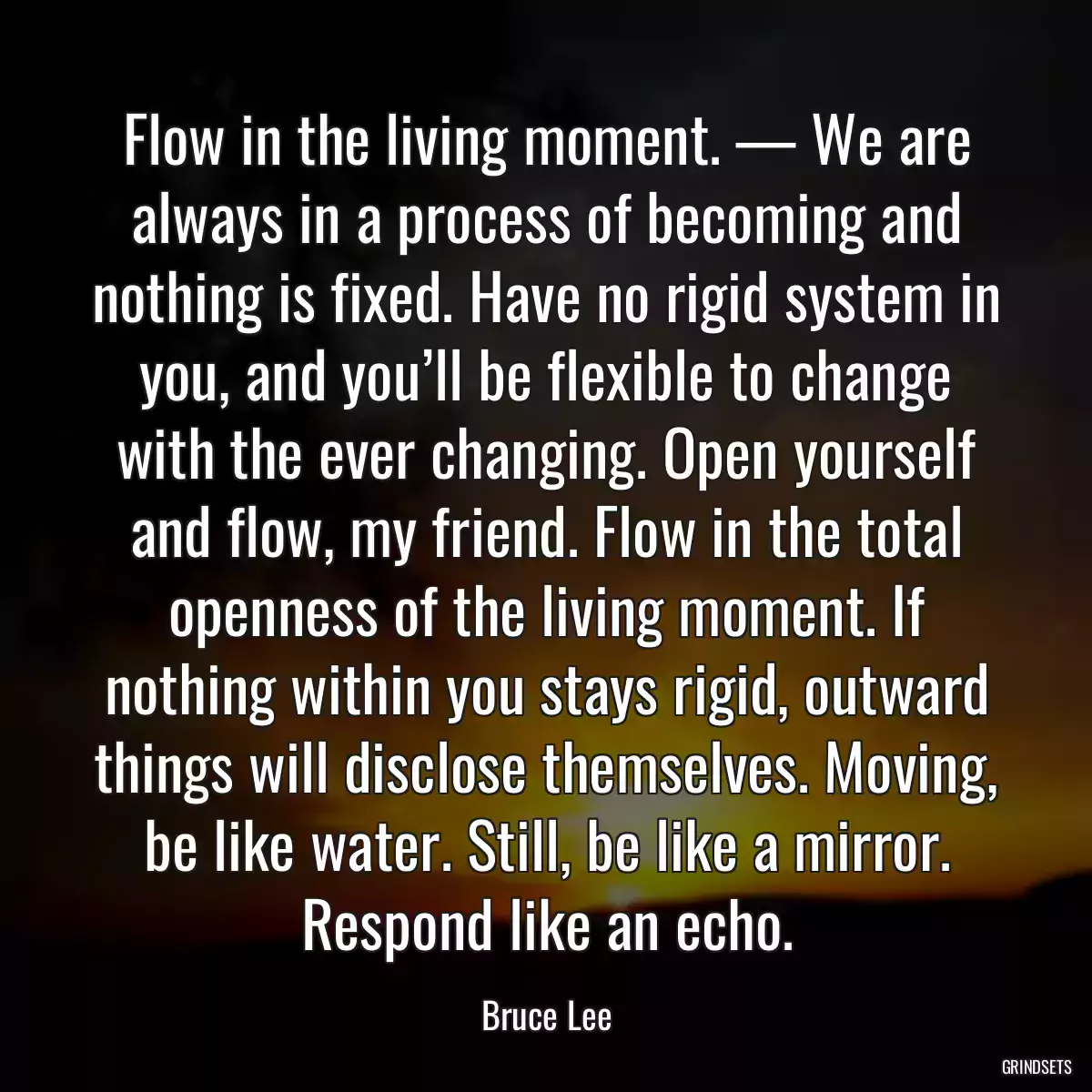 Flow in the living moment. — We are always in a process of becoming and nothing is fixed. Have no rigid system in you, and you’ll be flexible to change with the ever changing. Open yourself and flow, my friend. Flow in the total openness of the living moment. If nothing within you stays rigid, outward things will disclose themselves. Moving, be like water. Still, be like a mirror. Respond like an echo.