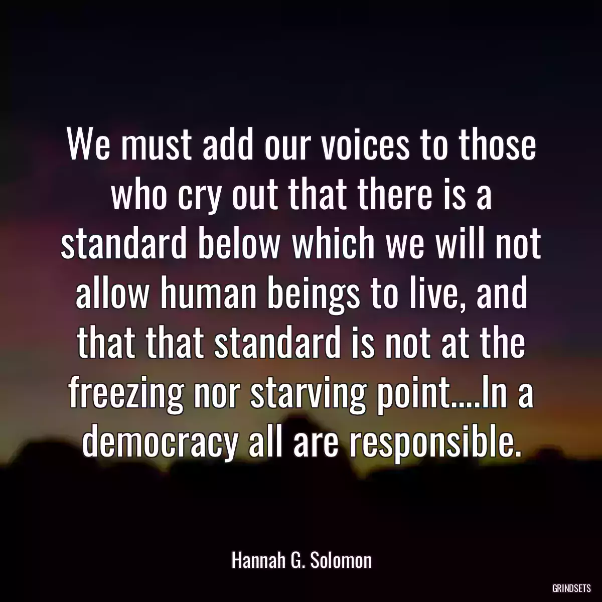 We must add our voices to those who cry out that there is a standard below which we will not allow human beings to live, and that that standard is not at the freezing nor starving point....In a democracy all are responsible.