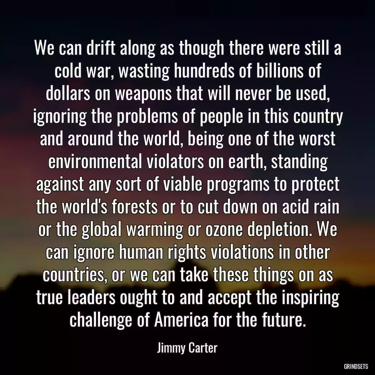 We can drift along as though there were still a cold war, wasting hundreds of billions of dollars on weapons that will never be used, ignoring the problems of people in this country and around the world, being one of the worst environmental violators on earth, standing against any sort of viable programs to protect the world\'s forests or to cut down on acid rain or the global warming or ozone depletion. We can ignore human rights violations in other countries, or we can take these things on as true leaders ought to and accept the inspiring challenge of America for the future.