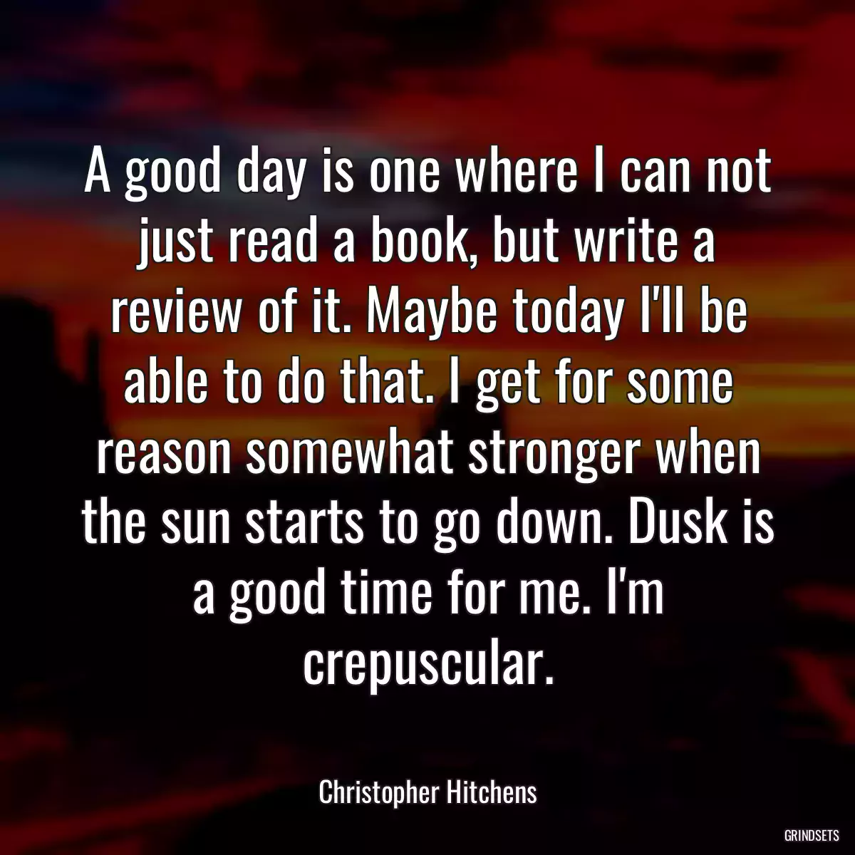 A good day is one where I can not just read a book, but write a review of it. Maybe today I\'ll be able to do that. I get for some reason somewhat stronger when the sun starts to go down. Dusk is a good time for me. I\'m crepuscular.