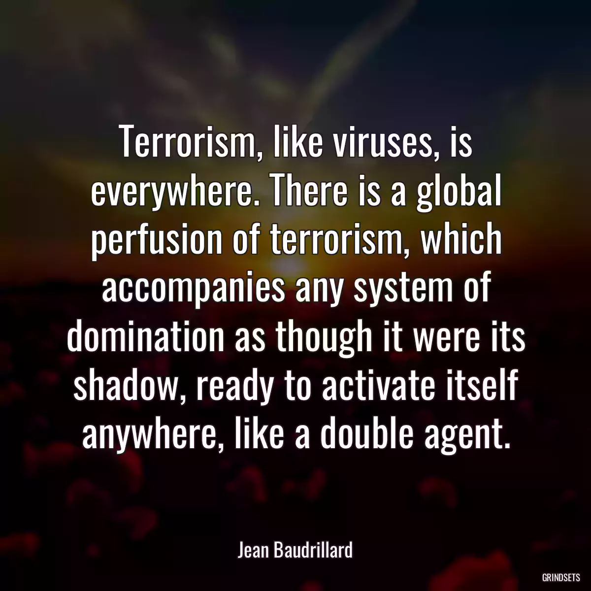 Terrorism, like viruses, is everywhere. There is a global perfusion of terrorism, which accompanies any system of domination as though it were its shadow, ready to activate itself anywhere, like a double agent.