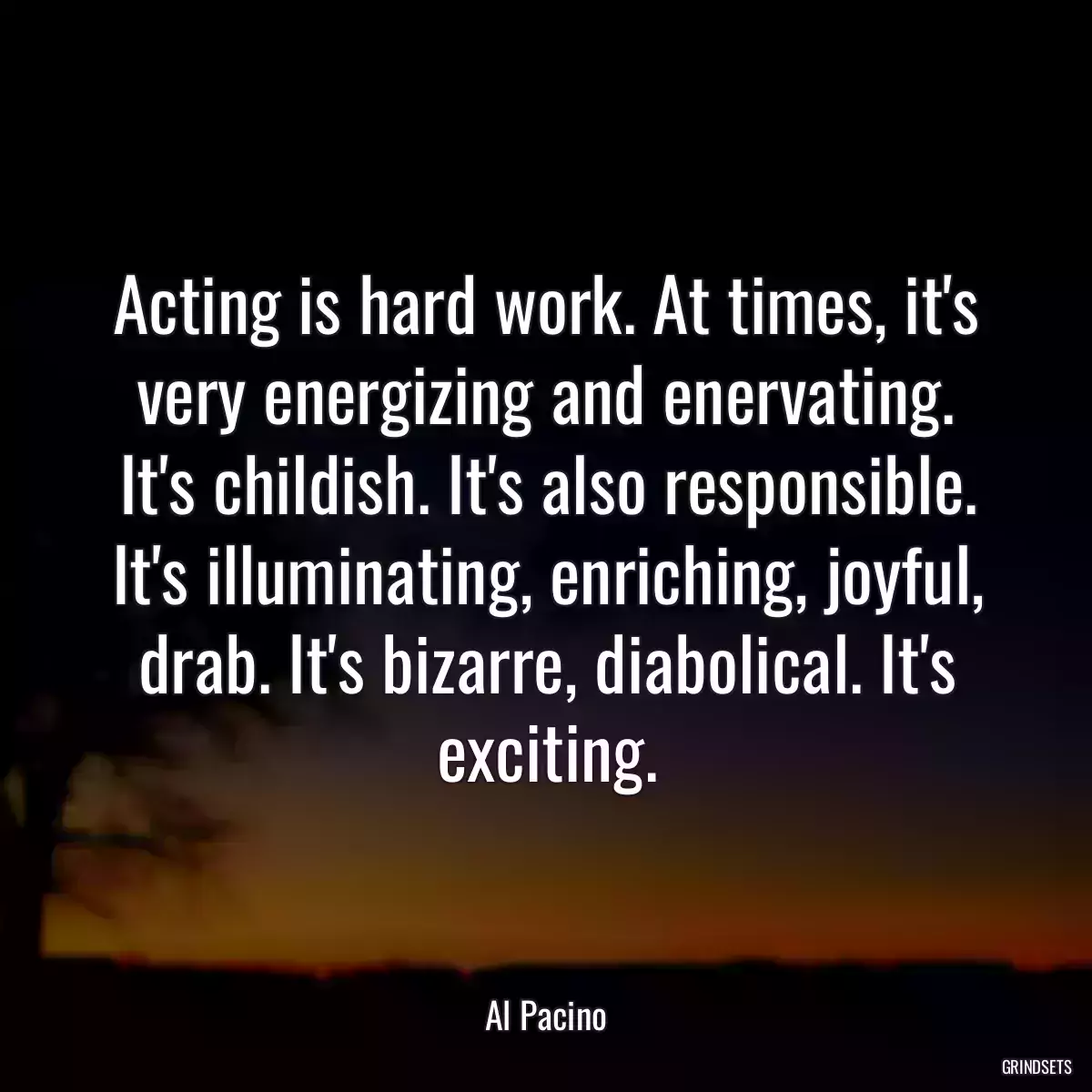 Acting is hard work. At times, it\'s very energizing and enervating. It\'s childish. It\'s also responsible. It\'s illuminating, enriching, joyful, drab. It\'s bizarre, diabolical. It\'s exciting.