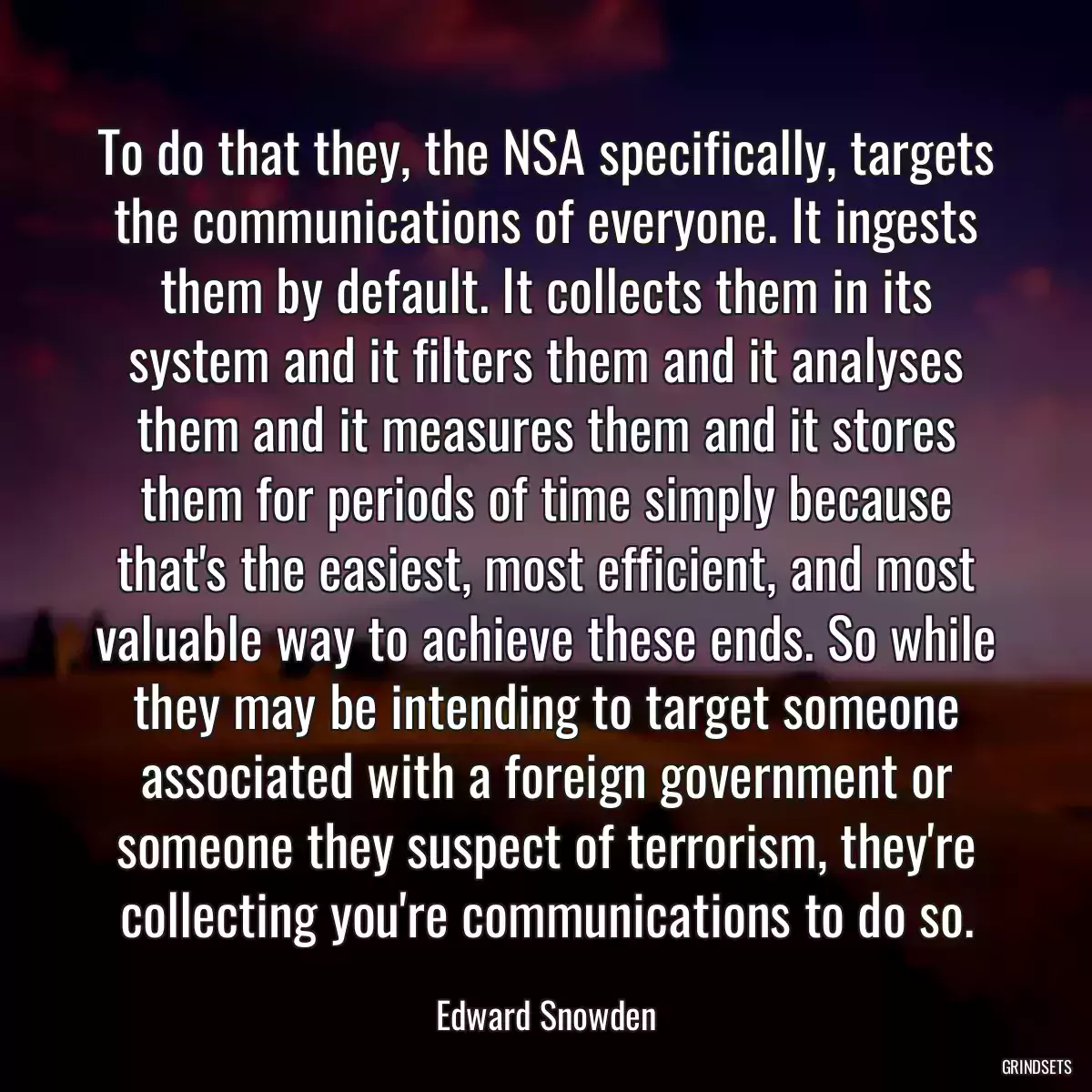 To do that they, the NSA specifically, targets the communications of everyone. It ingests them by default. It collects them in its system and it filters them and it analyses them and it measures them and it stores them for periods of time simply because that\'s the easiest, most efficient, and most valuable way to achieve these ends. So while they may be intending to target someone associated with a foreign government or someone they suspect of terrorism, they\'re collecting you\'re communications to do so.