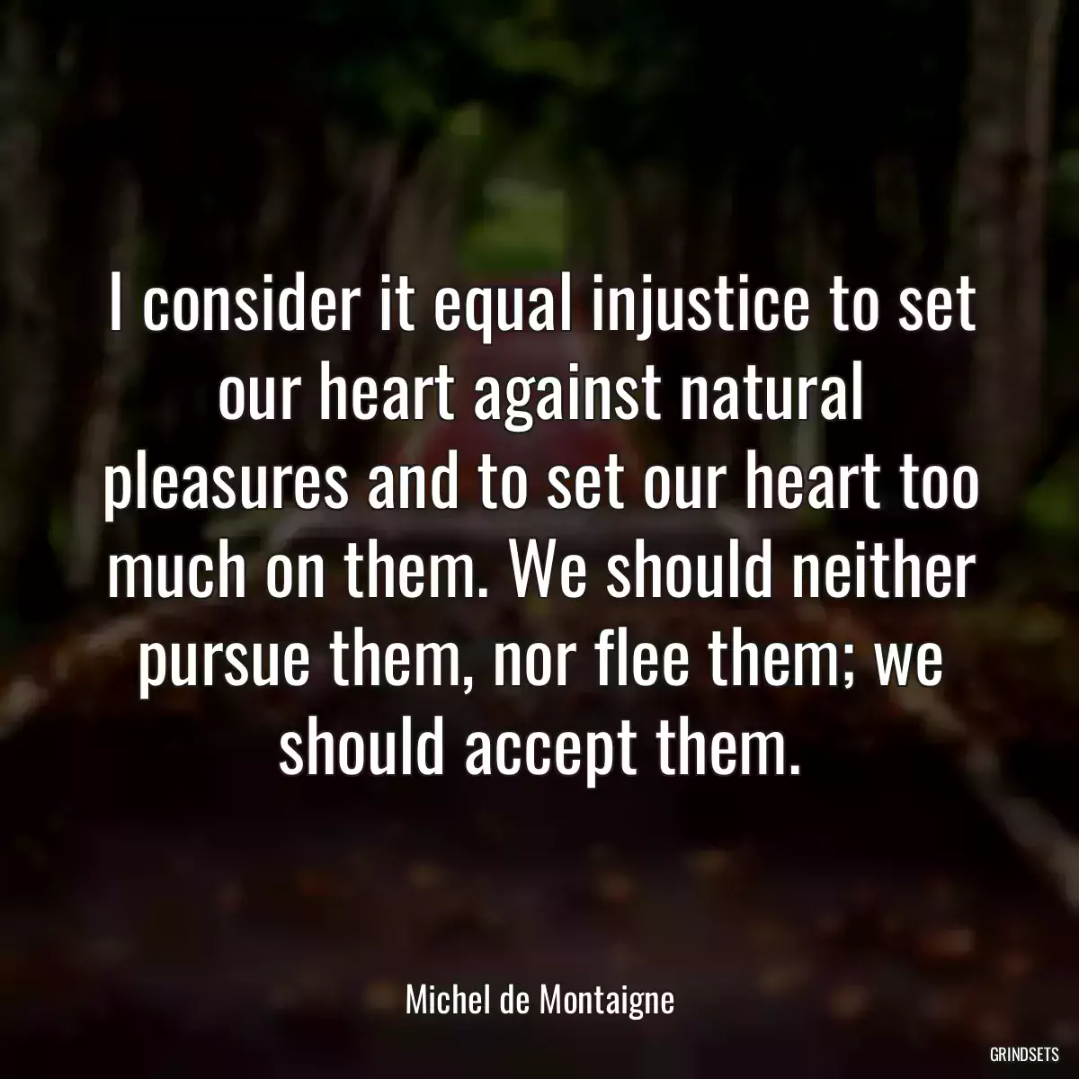 I consider it equal injustice to set our heart against natural pleasures and to set our heart too much on them. We should neither pursue them, nor flee them; we should accept them.