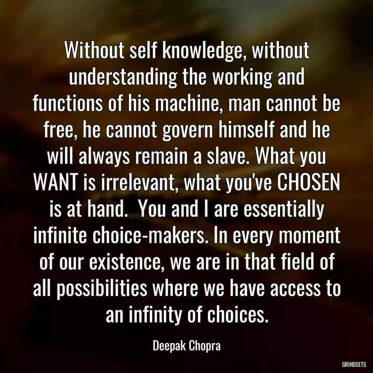 Without self knowledge, without understanding the working and functions of his machine, man cannot be free, he cannot govern himself and he will always remain a slave. What you WANT is irrelevant, what you\'ve CHOSEN is at hand.  You and I are essentially infinite choice-makers. In every moment of our existence, we are in that field of all possibilities where we have access to an infinity of choices.