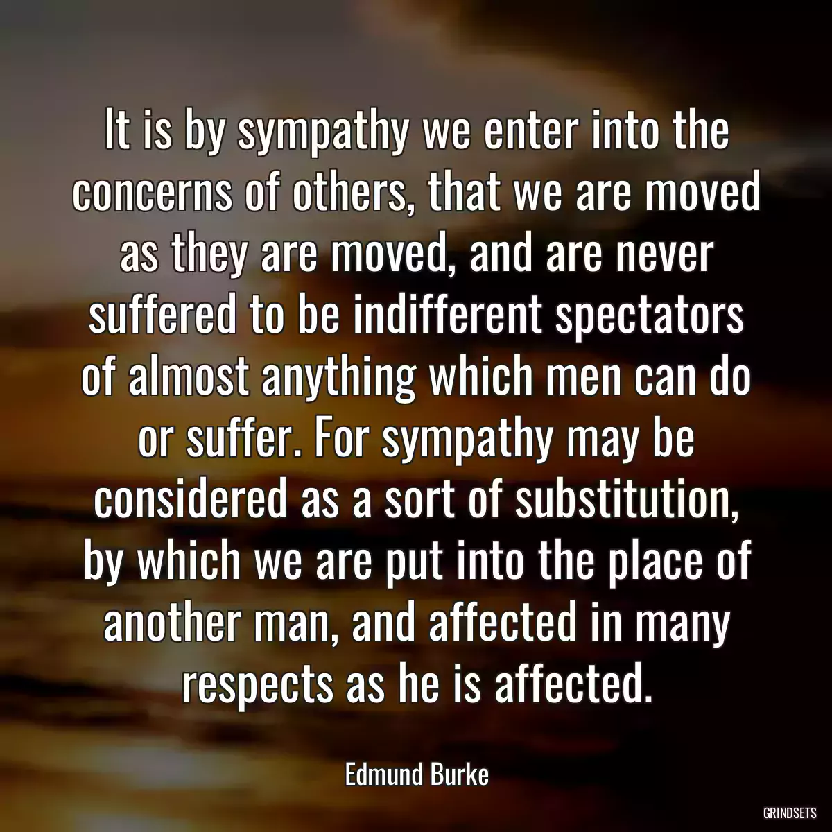 It is by sympathy we enter into the concerns of others, that we are moved as they are moved, and are never suffered to be indifferent spectators of almost anything which men can do or suffer. For sympathy may be considered as a sort of substitution, by which we are put into the place of another man, and affected in many respects as he is affected.