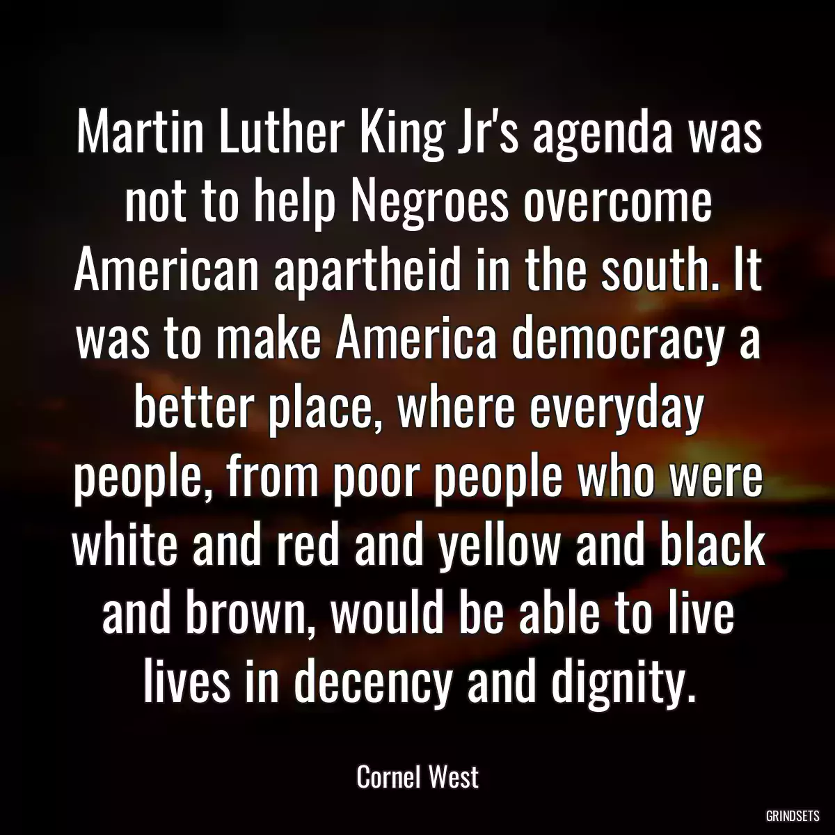 Martin Luther King Jr\'s agenda was not to help Negroes overcome American apartheid in the south. It was to make America democracy a better place, where everyday people, from poor people who were white and red and yellow and black and brown, would be able to live lives in decency and dignity.