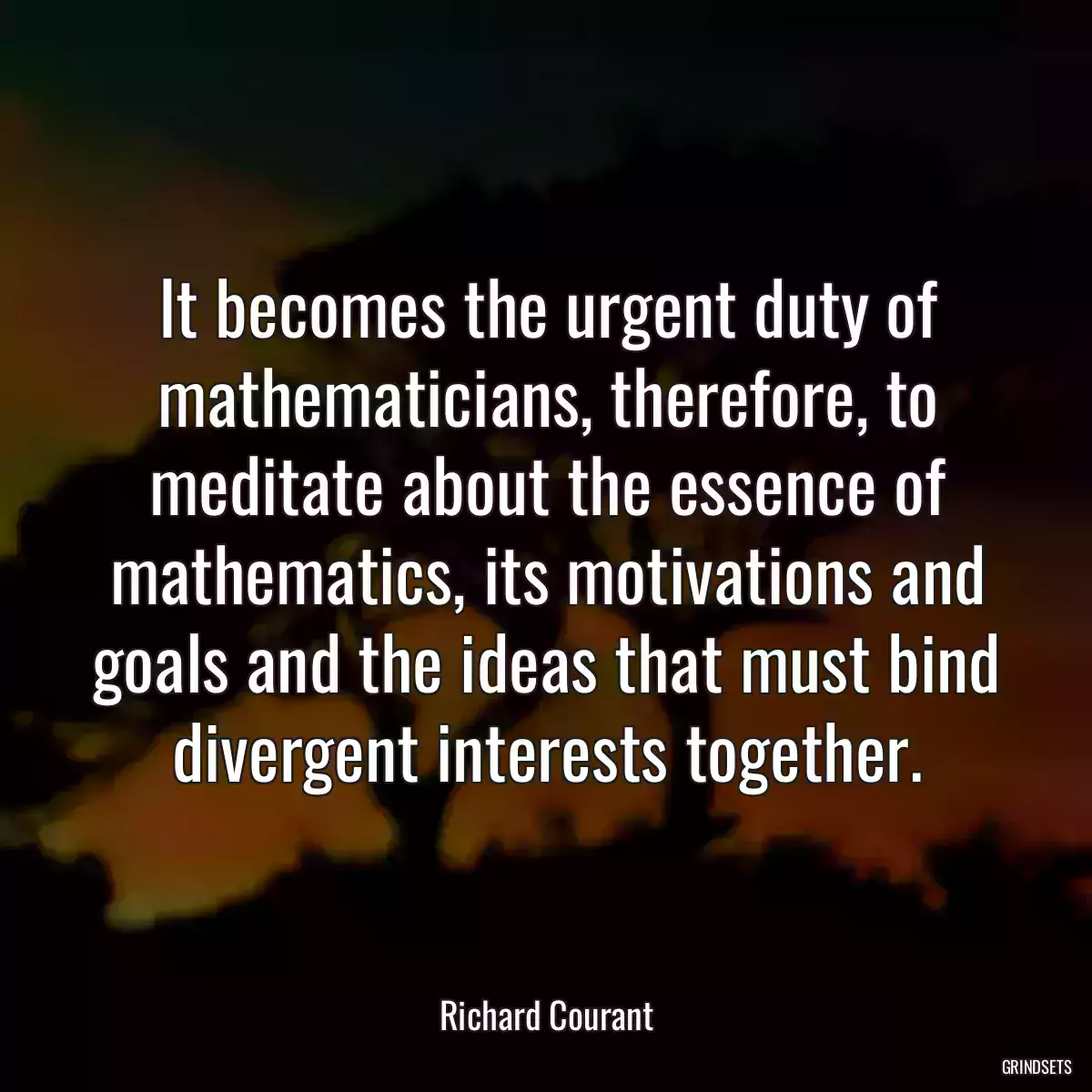 It becomes the urgent duty of mathematicians, therefore, to meditate about the essence of mathematics, its motivations and goals and the ideas that must bind divergent interests together.