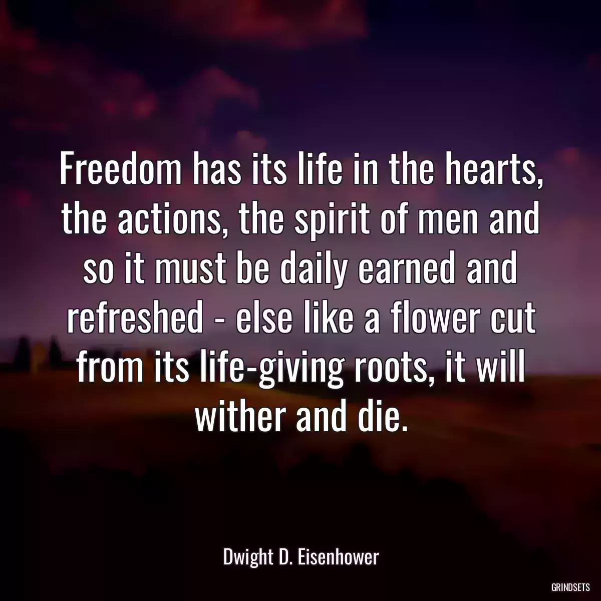 Freedom has its life in the hearts, the actions, the spirit of men and so it must be daily earned and refreshed - else like a flower cut from its life-giving roots, it will wither and die.