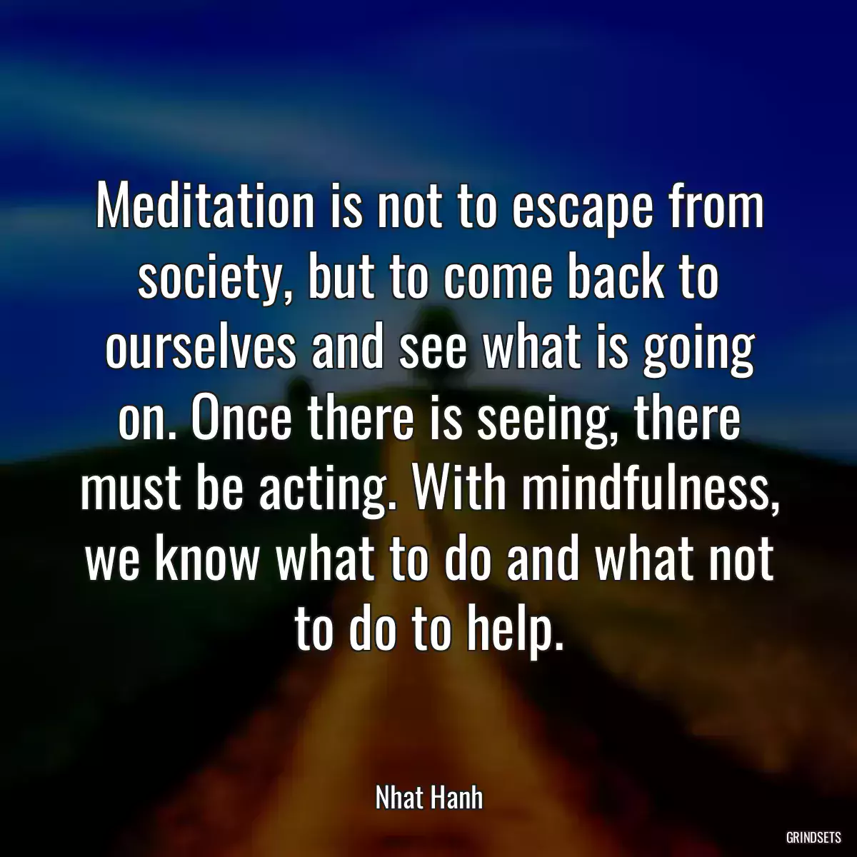 Meditation is not to escape from society, but to come back to ourselves and see what is going on. Once there is seeing, there must be acting. With mindfulness, we know what to do and what not to do to help.