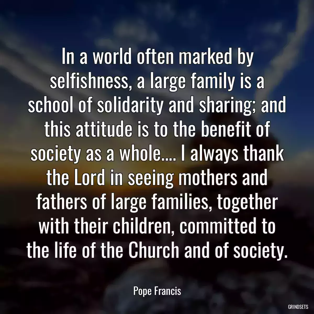 In a world often marked by selfishness, a large family is a school of solidarity and sharing; and this attitude is to the benefit of society as a whole.... I always thank the Lord in seeing mothers and fathers of large families, together with their children, committed to the life of the Church and of society.