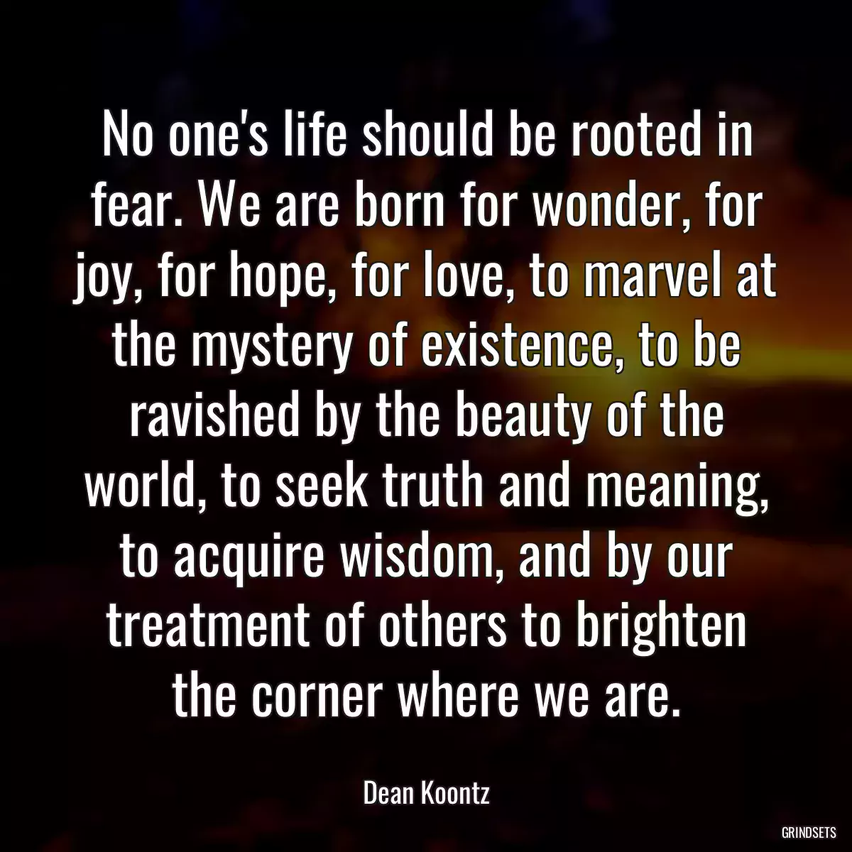 No one\'s life should be rooted in fear. We are born for wonder, for joy, for hope, for love, to marvel at the mystery of existence, to be ravished by the beauty of the world, to seek truth and meaning, to acquire wisdom, and by our treatment of others to brighten the corner where we are.