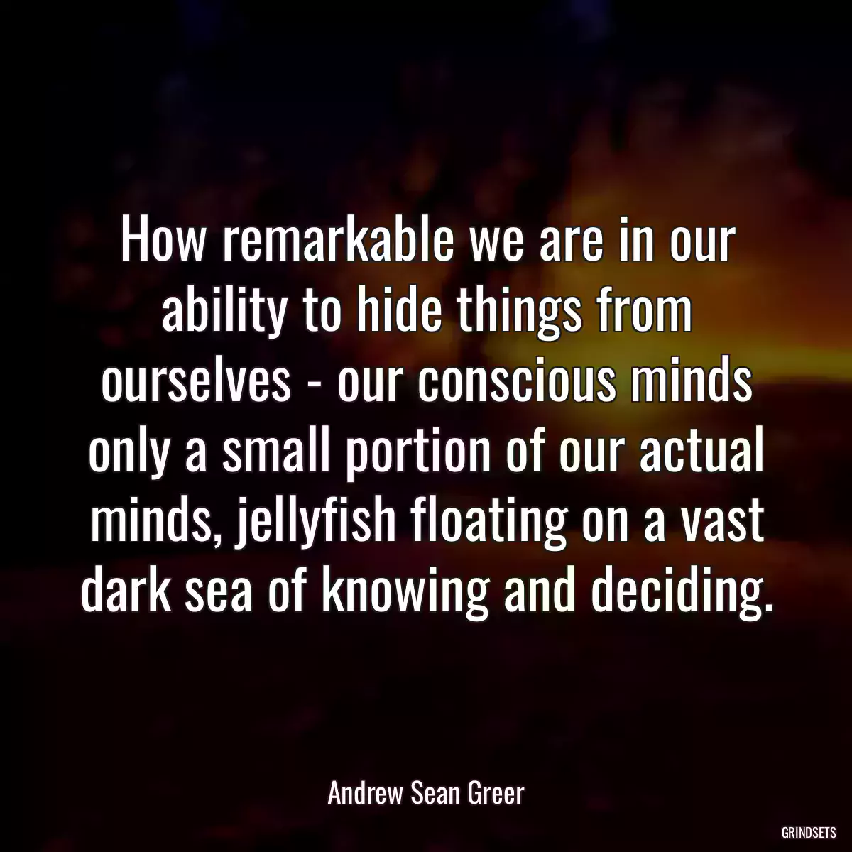 How remarkable we are in our ability to hide things from ourselves - our conscious minds only a small portion of our actual minds, jellyfish floating on a vast dark sea of knowing and deciding.