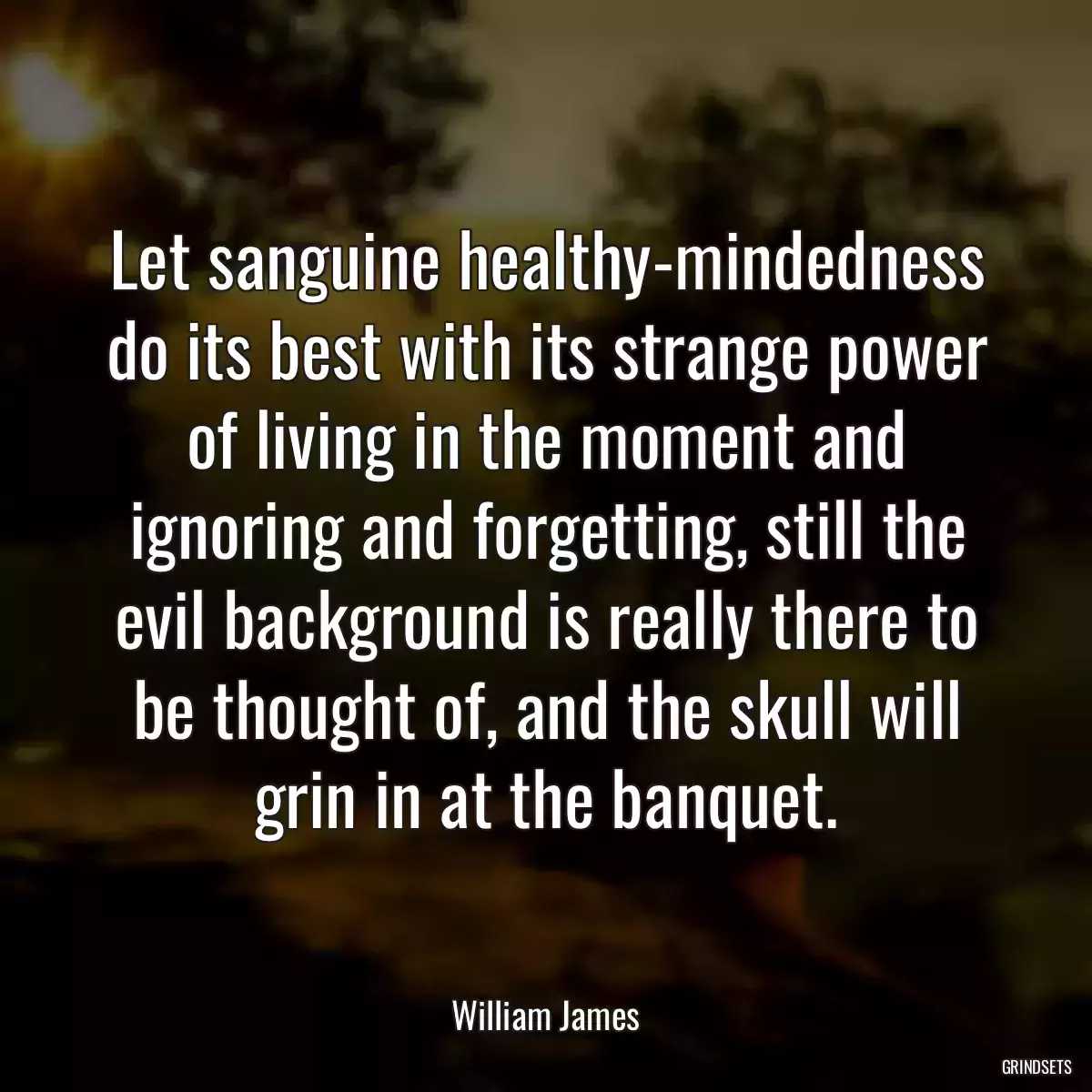 Let sanguine healthy-mindedness do its best with its strange power of living in the moment and ignoring and forgetting, still the evil background is really there to be thought of, and the skull will grin in at the banquet.